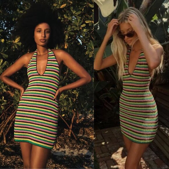 Frame x Julia Sarr Jamois Pink Green Striped Crochet‎ Halter Mini Dress Size M - Picture 2 of 11